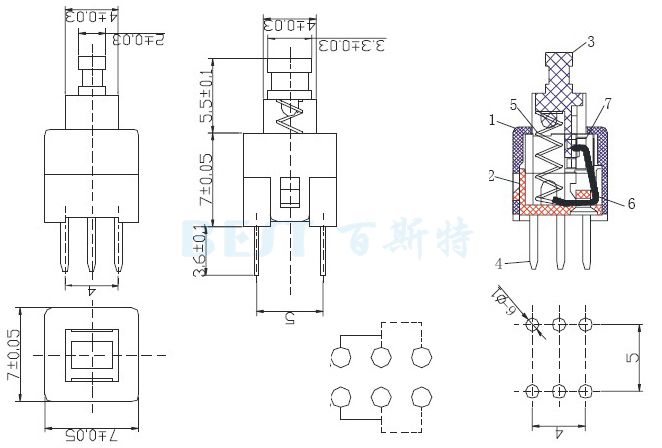 按键开关PS-22E07参考图纸